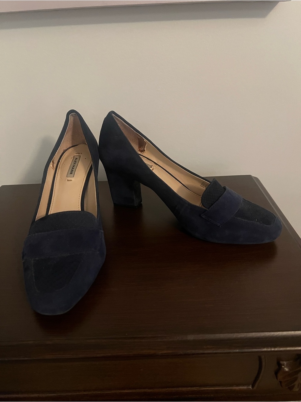 Alex Marie Classic Navy Suede Block Heel Loafers - Women
